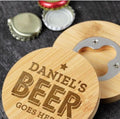 Personalised beer goes here bamboo bottle opener coaster